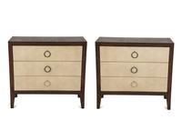 A Pair of Faux Shagreen and Stained Oak Three-Drawer Commodes