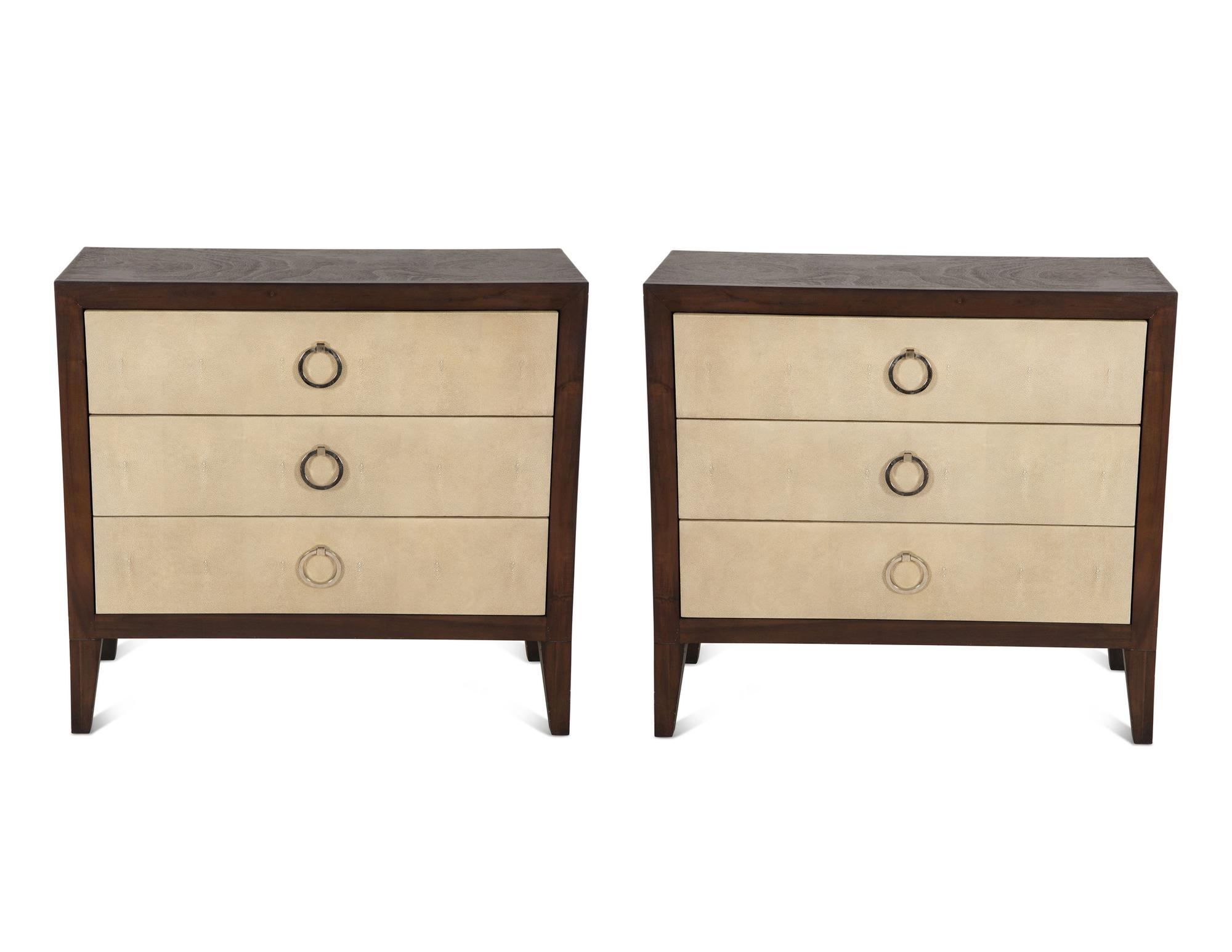 A Pair of Faux Shagreen and Stained Oak Three-Drawer Commodes