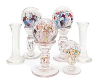 A Group of Four Glass Paperweights and Two Columns Paperweight Height: 8 1/2