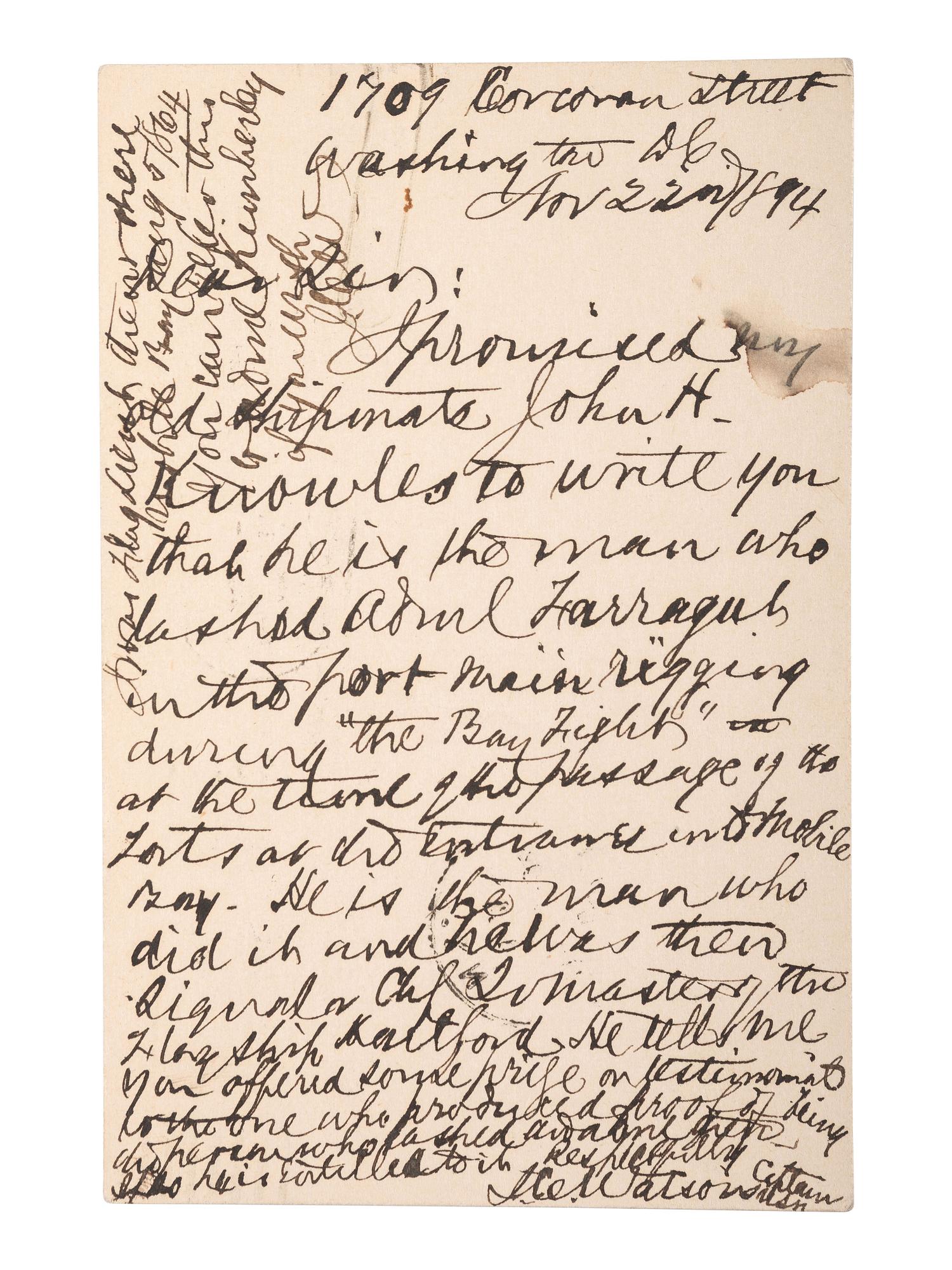 [CIVIL WAR - NAVY]. A group of 9 documents related to Robert Coster and his efforts to confirm the identity of the man who lashed Rear Admiral David G. Farragut to the rigging of the Hartford at the Battle of Mobile Bay.
