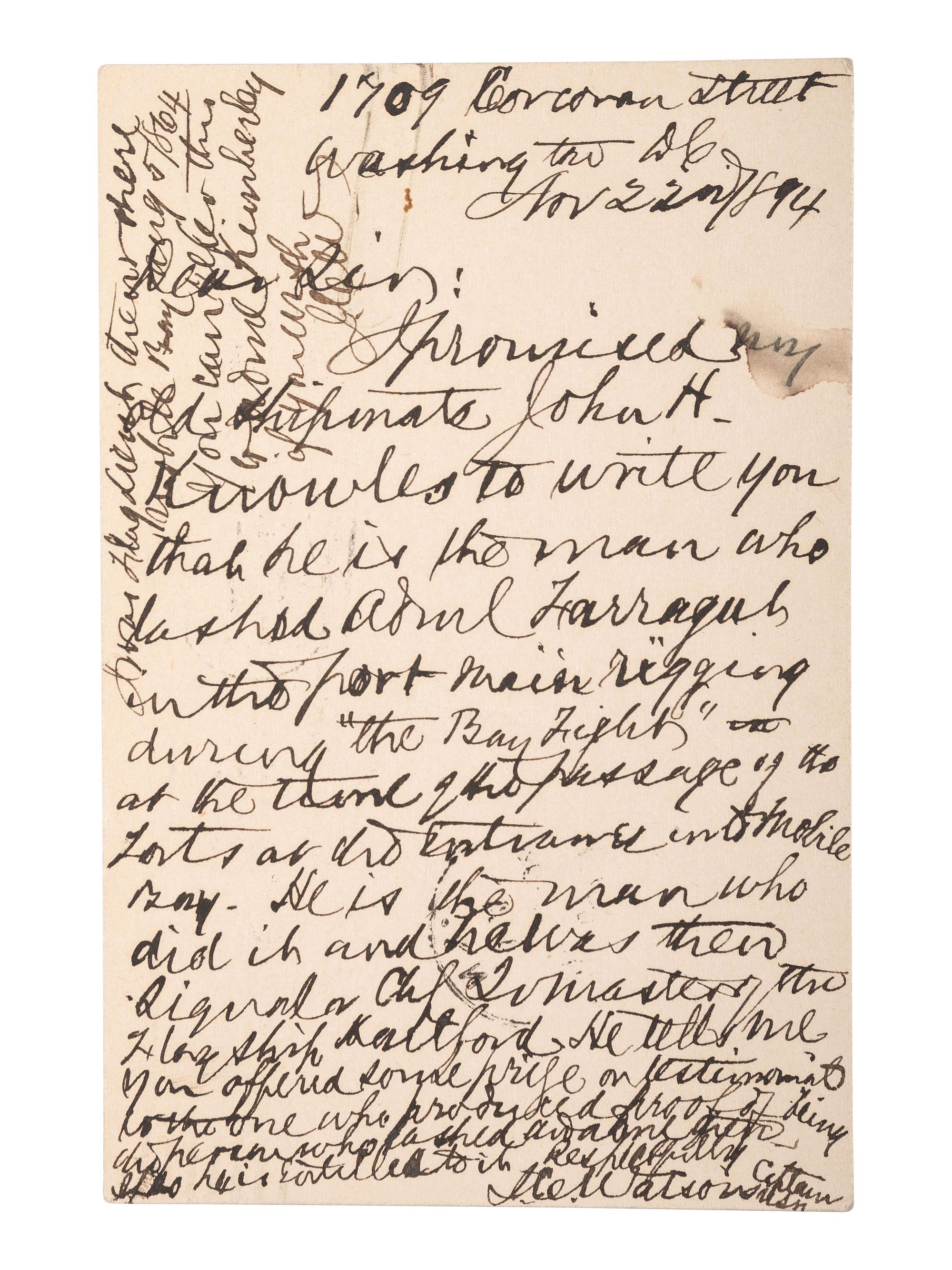 [CIVIL WAR - NAVY]. A group of 9 documents related to Robert Coster and his efforts to confirm the identity of the man who lashed Rear Admiral David G. Farragut to the rigging of the Hartford at the Battle of Mobile Bay.