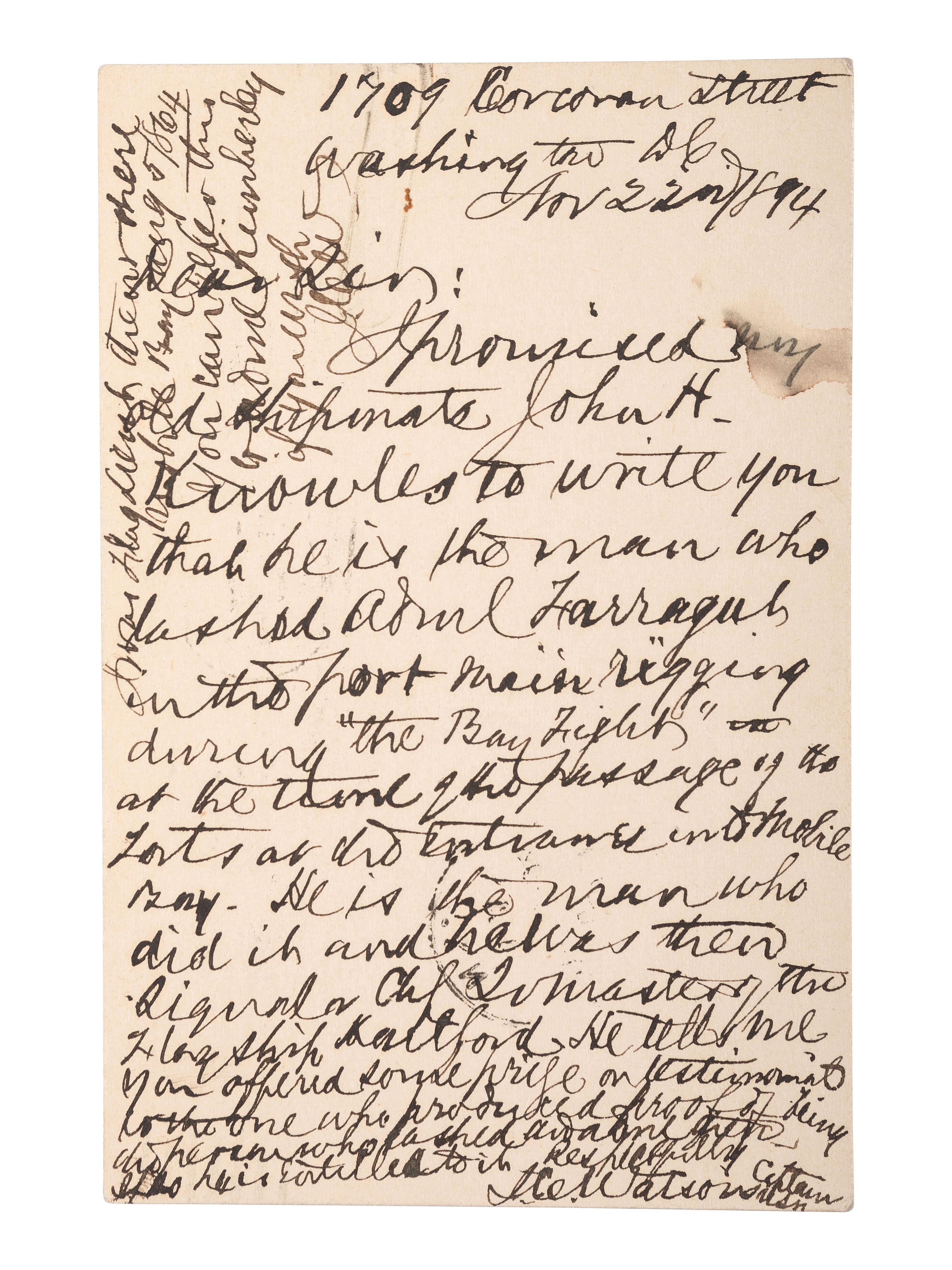 [CIVIL WAR - NAVY]. A group of 9 documents related to Robert Coster and his efforts to confirm the identity of the man who lashed Rear Admiral David G. Farragut to the rigging of the Hartford at the Battle of Mobile Bay.
