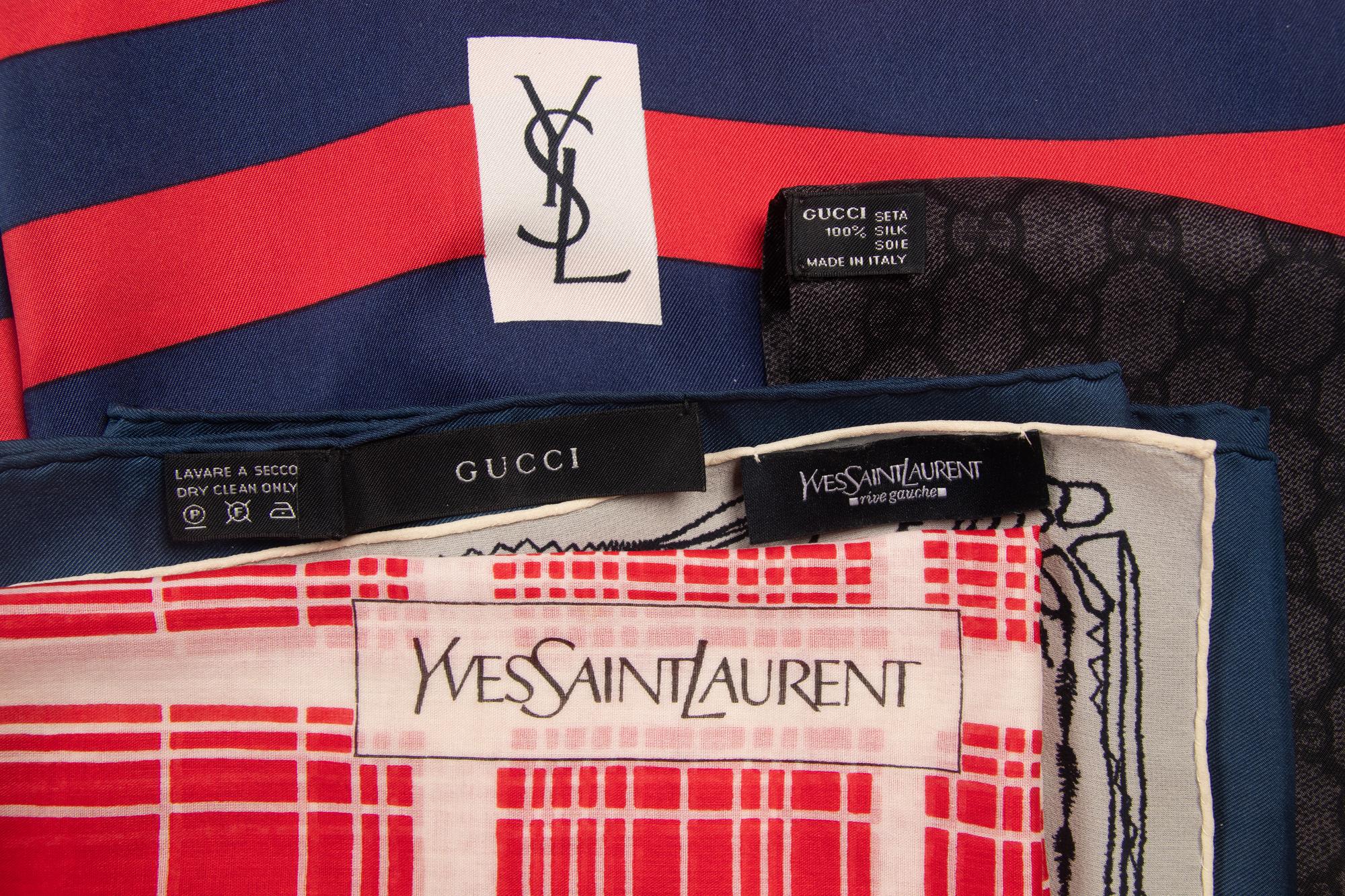 Two Gucci Scarves and Three Yves Saint Laurent Scarves