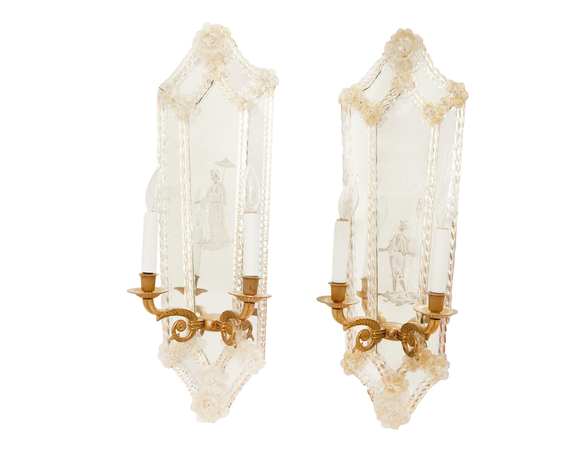 A Pair of Venetian Mirrored Two Light Wall Sconces — Early 20th Century