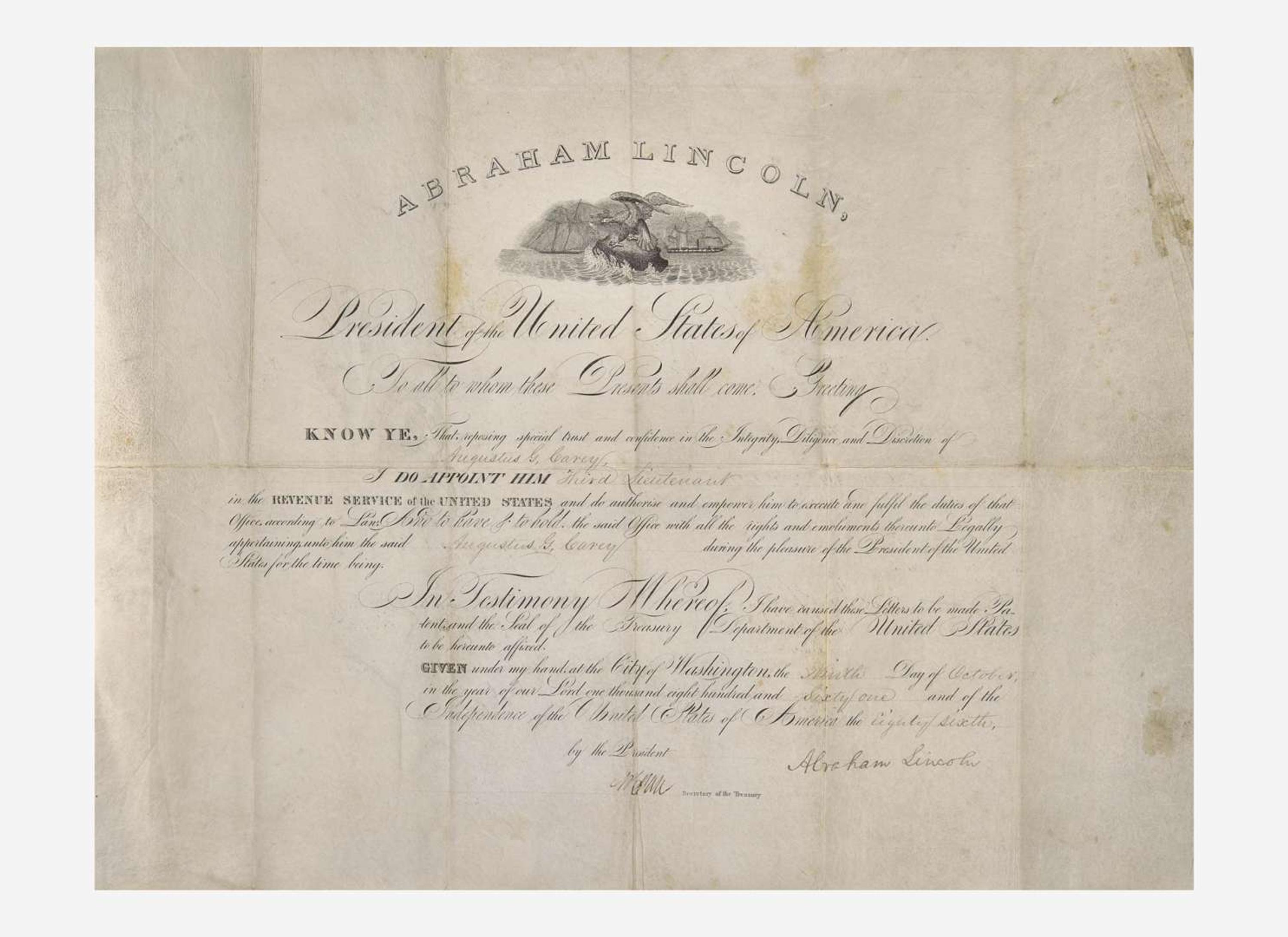 [Presidential] Lincoln, Abraham: Signed Revenue Service Commission