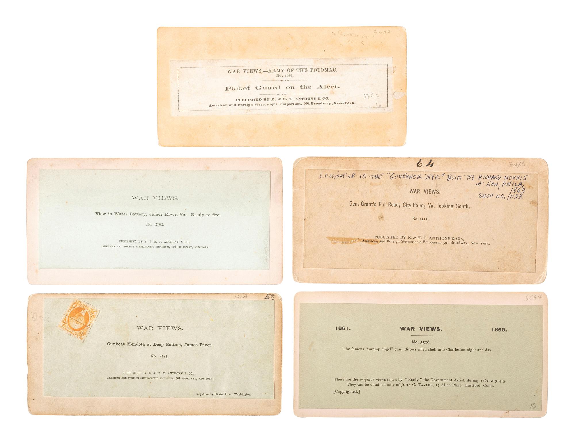 [CIVIL WAR]. A group of 5 stereoviews with Civil War subject matter, incl. a view of the 4th Michigan Volunteers on picket guard and General Grant's Railroad.