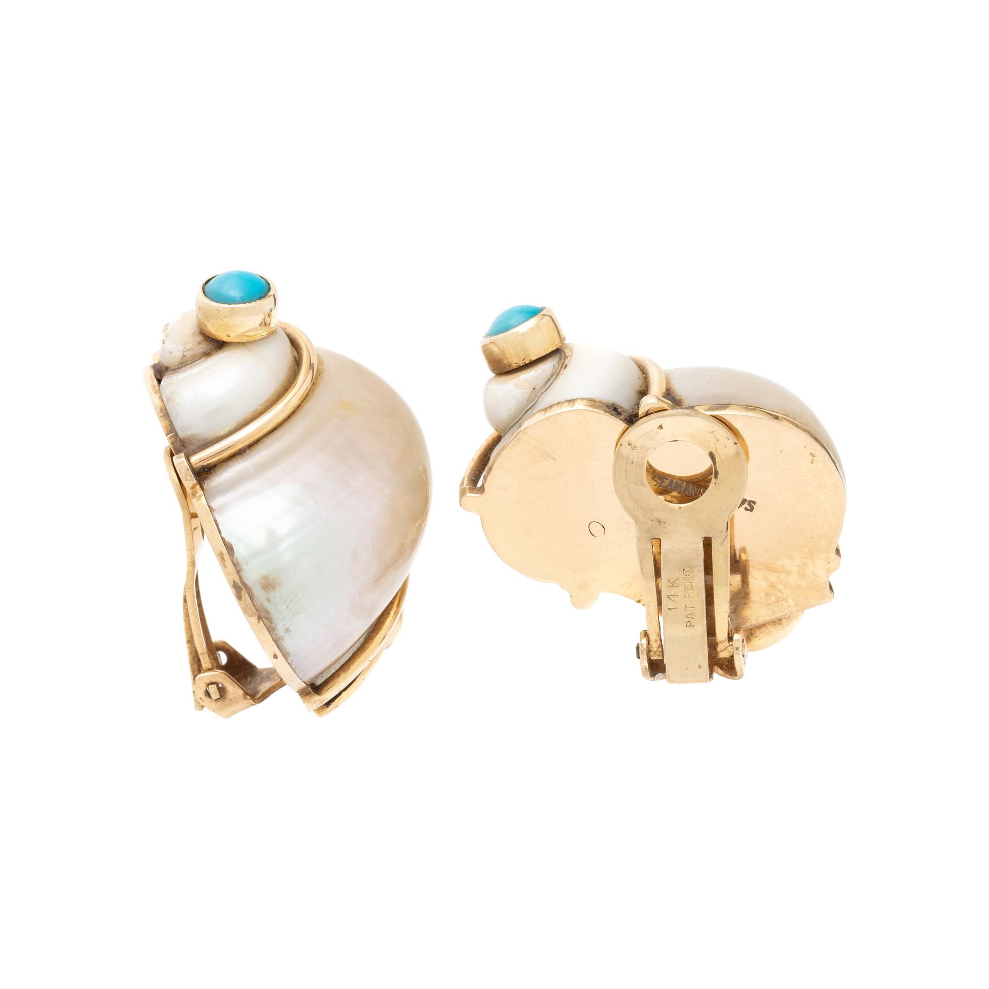 SEAMAN SCHEPPS, TURBO SHELL, CORAL, AND TURQUOISE EARRINGS