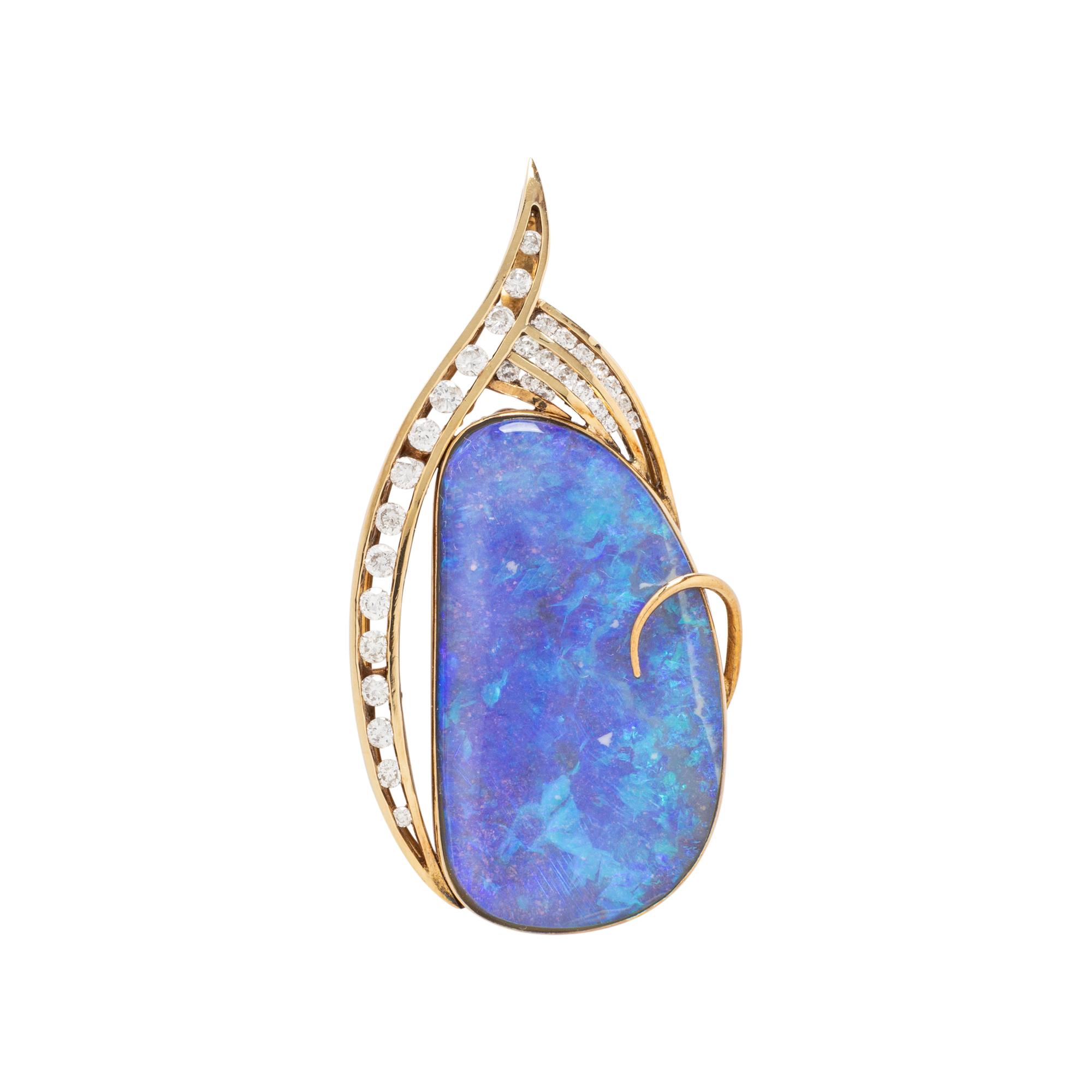 YELLOW GOLD, BLACK BOULDER OPAL AND DIAMOND PENDANT