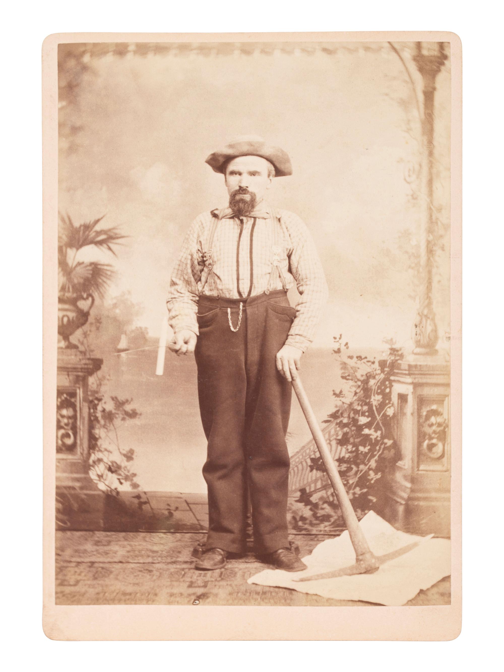[WESTERN AMERICANA - MINING]. Cabinet card of a California gold miner with his equipment.