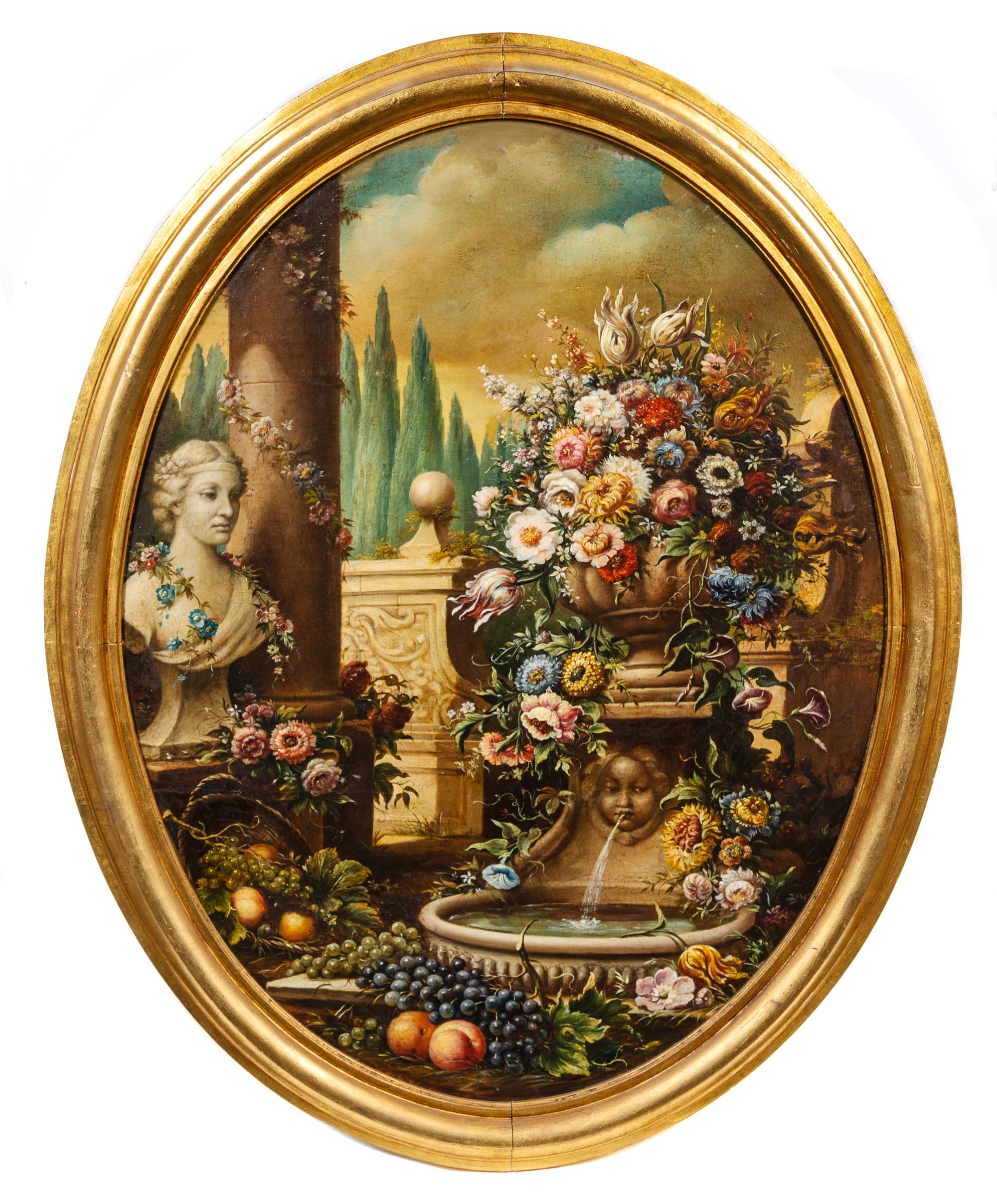Continental School, (18th/19th Century), Flowering Urns Among Ruins (a pair of works)