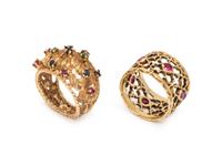 PAIR OF YELLOW GOLD AND MULTIGEM RINGS