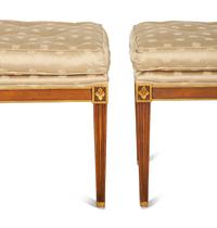 A Pair of Empire Style Parcel Gilt Mahogany Benches with Button Tufted Upholstered Seat