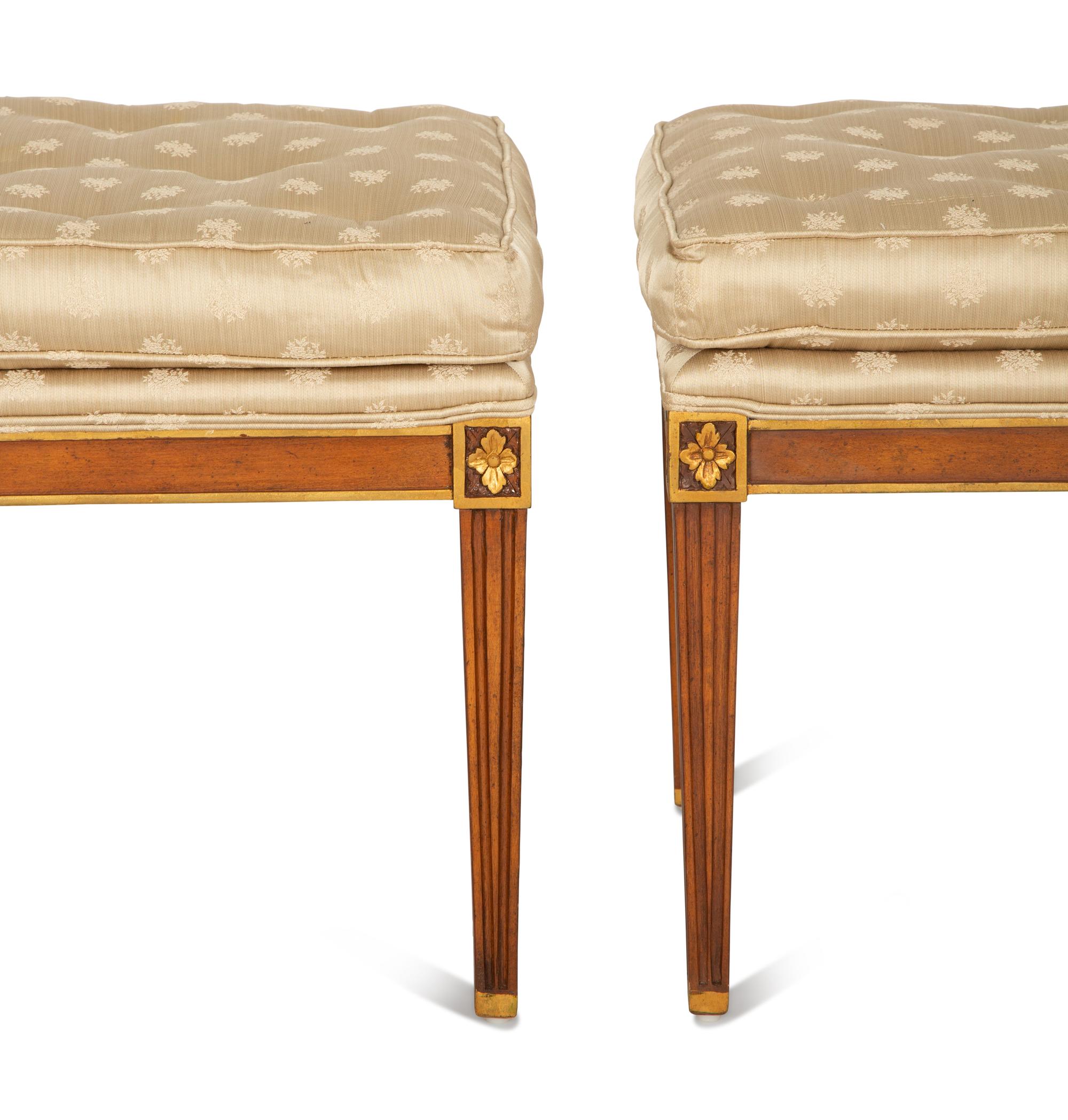 A Pair of Empire Style Parcel Gilt Mahogany Benches with Button Tufted Upholstered Seat