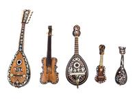 A Group of Five Tortoise Shell and Composite Shell Inlaid Miniature Musical Instruments Length of longest 11 3/4 inches. — 19TH/20TH CENTURY