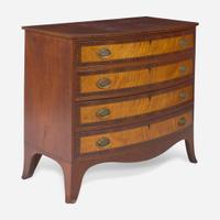 A Federal bowfront inlaid mahogany and tiger maple chest of drawers Probably Portsmouth, NH, circa 1800