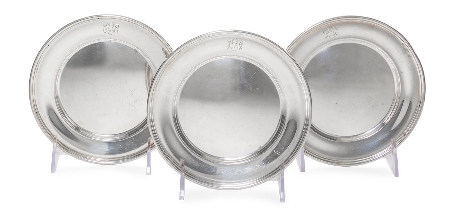 Three American Silver Bread Plates, The Randahl Shop, Park Ridge, IL, circular with reeded rims, engraved FBC.