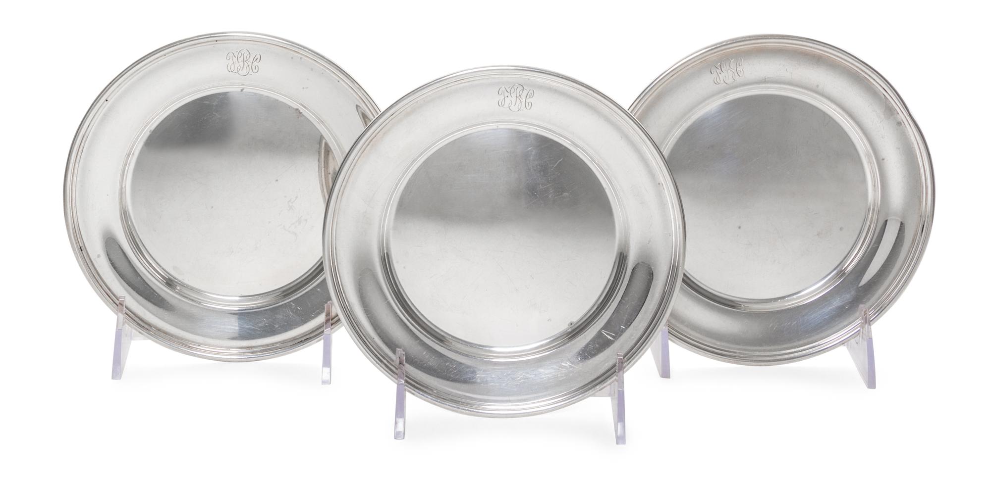 Three American Silver Bread Plates, The Randahl Shop, Park Ridge, IL, circular with reeded rims, engraved FBC.