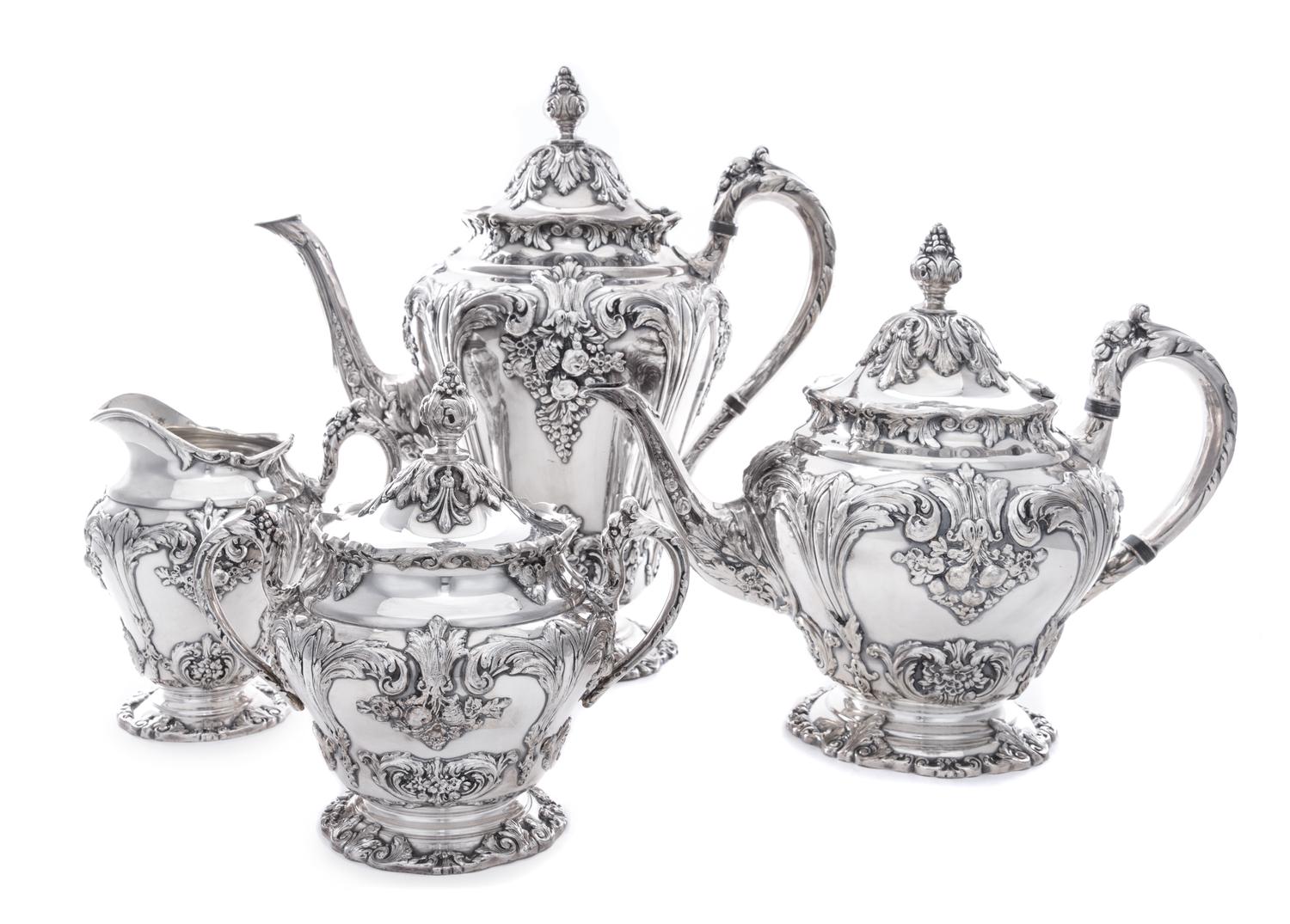 An American Silver-Plate Tea and Coffee Service, Reed & Barton, Taunton, MA, each with floral decoration.