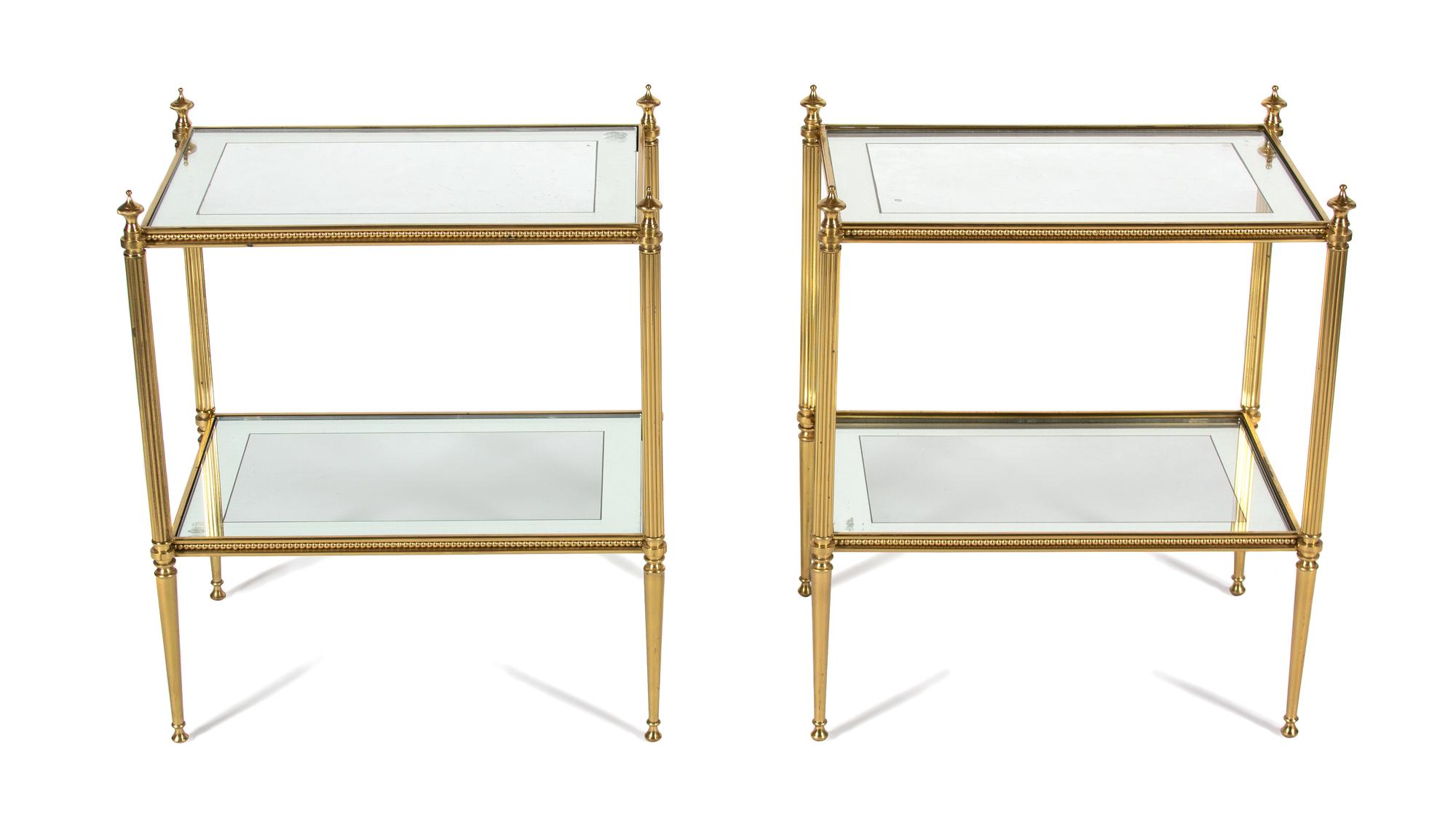A Pair of French Gilt Bronze and Glass Two-Tier End Tables Height 23 x width 19 1/2 x 13 1/4 inches. — 20TH CENTURY