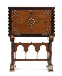 A Spanish Ivory and Parquetry Inlaid Miniature Vargueno, Height 11 3/4 x width 8 3/4 inches.