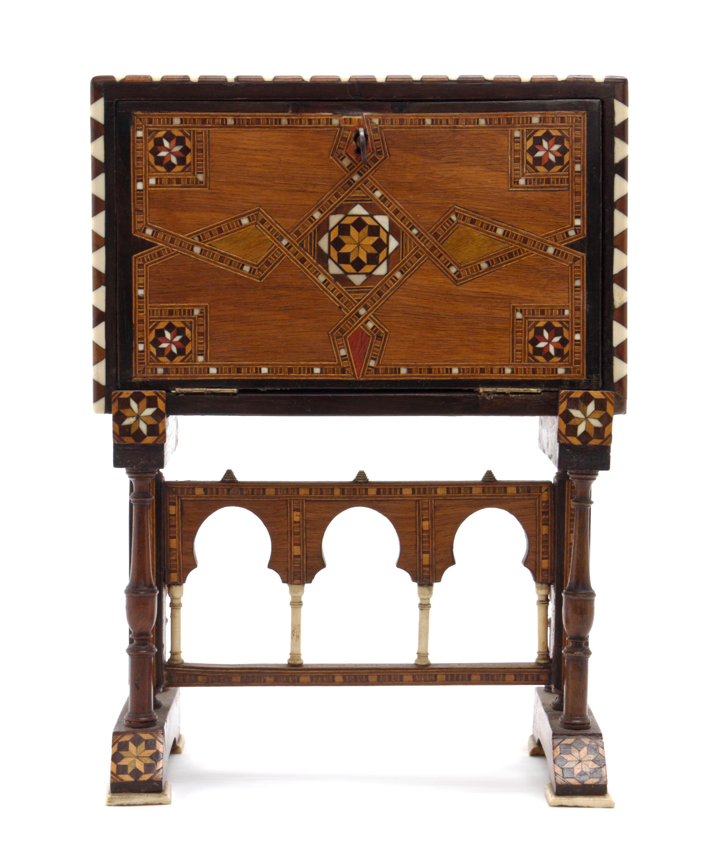A Spanish Ivory and Parquetry Inlaid Miniature Vargueno, Height 11 3/4 x width 8 3/4 inches.