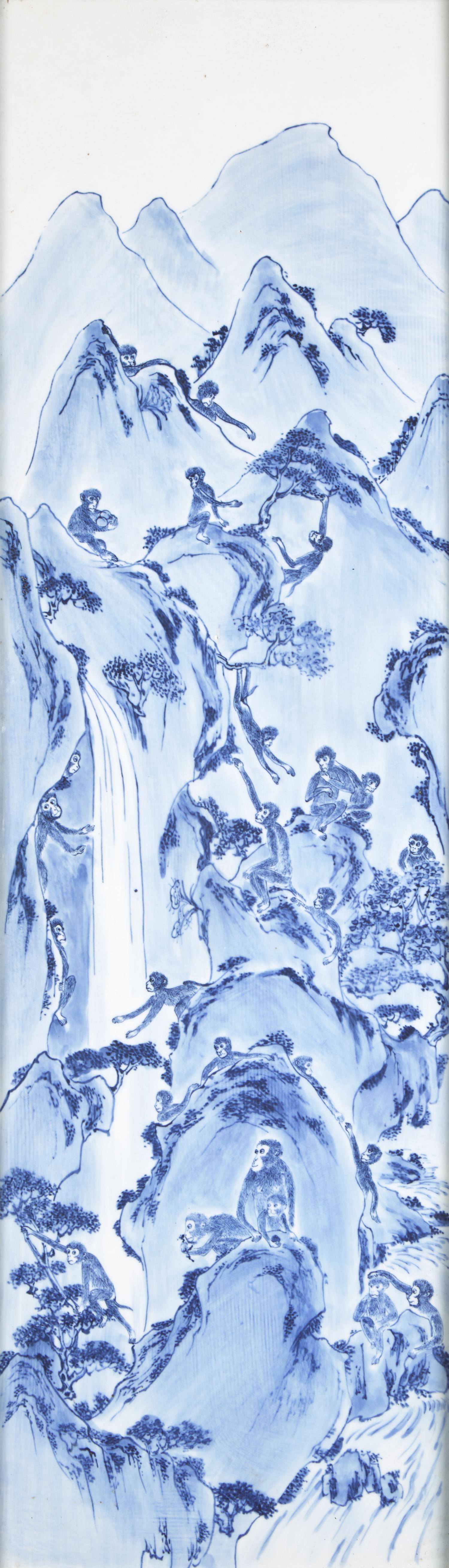 A Set of Four Chinese Blue and White Porcelain Wall Plaques 青花山水圖四條屏