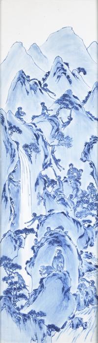 A Set of Four Chinese Blue and White Porcelain Wall Plaques 青花山水圖四條屏