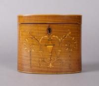 A George III Inlaid Tea Caddy, Height 4 3/4 x width 5 1/2 x depth 3 1/8 inches.