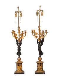 A Pair of Empire Style Gilt and Patinated Bronze Candelabra Mounted as Lamps