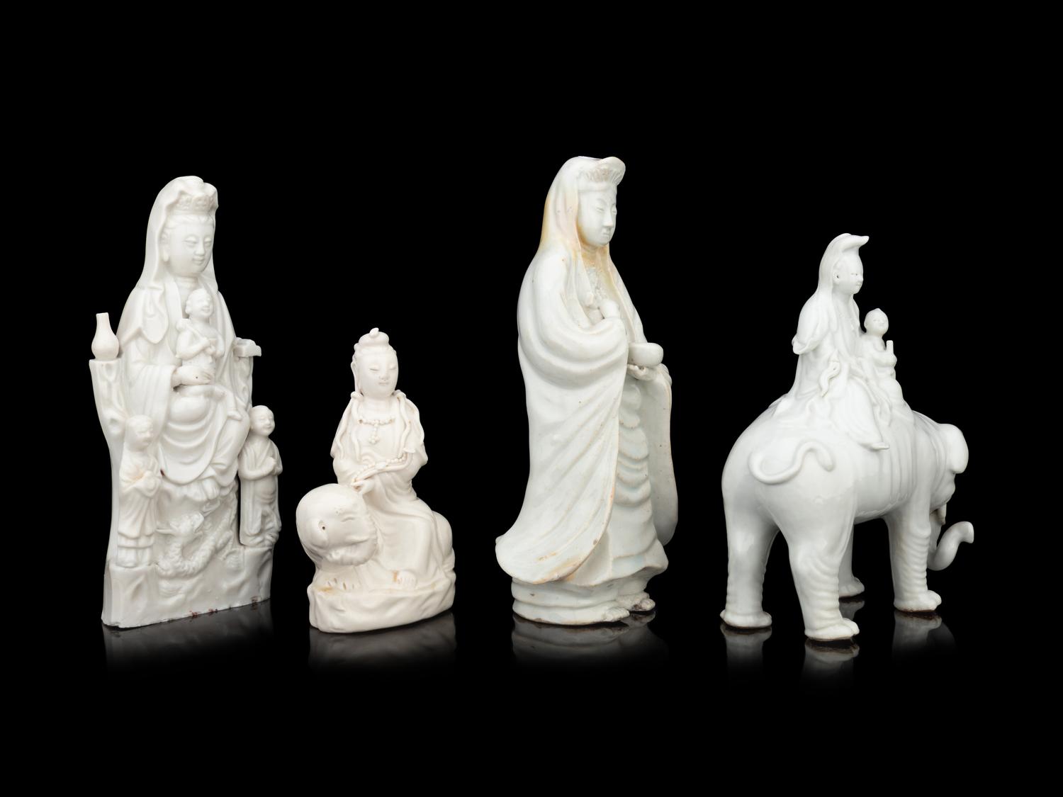 Four Chinese Blanc-de-Chine Porcelain Figures of Guanyin