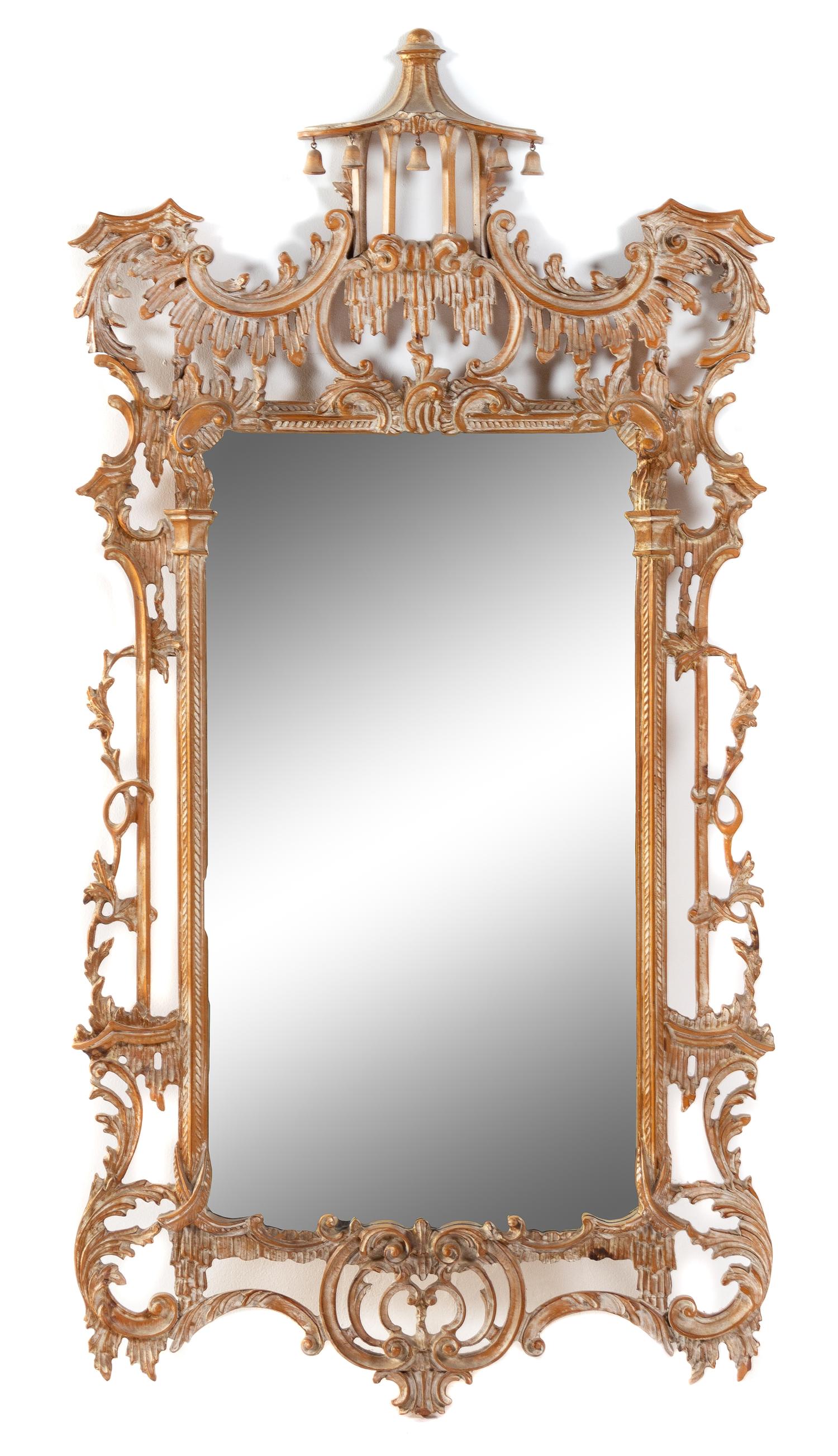 A Chinese Chippendale Style Cerused Wood Mirror Height 62 3/4 inches. — 20TH CENTURY