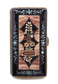 A Continental Aragonite, Hardstone and Abalone Inlaid Black Lacquered Souvenir Cigar Case Length 5 1/4 inches.