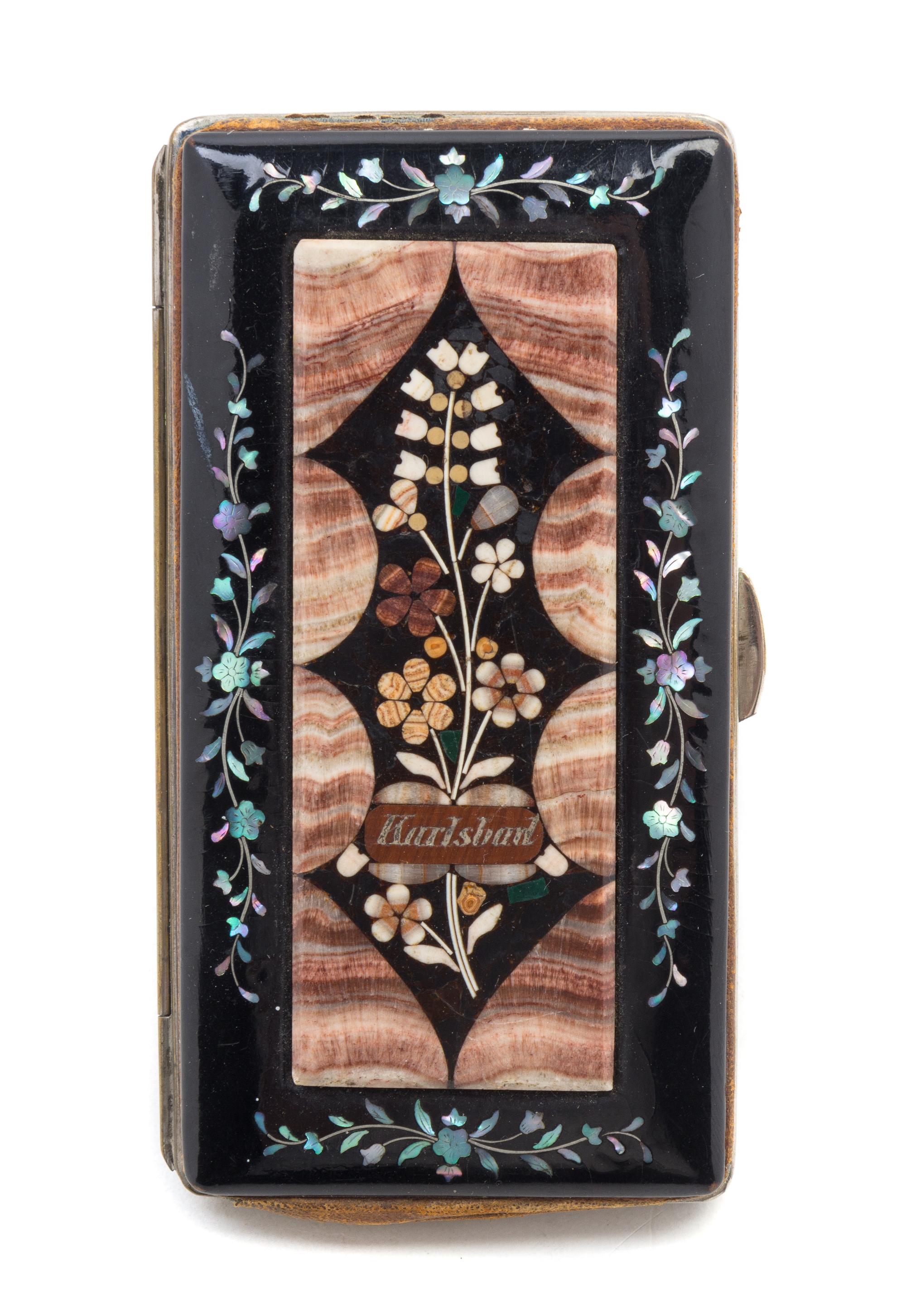 A Continental Aragonite, Hardstone and Abalone Inlaid Black Lacquered Souvenir Cigar Case Length 5 1/4 inches.