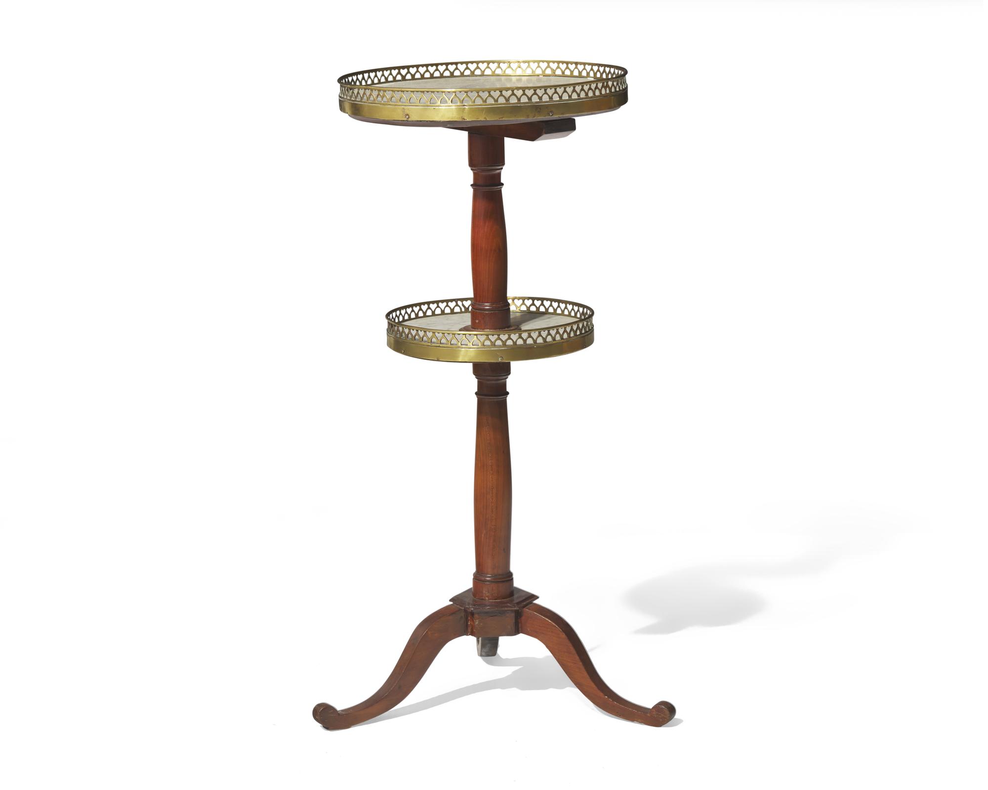 A Louis XVI Two-Tier Fruitwood Stand with White Marble Tops