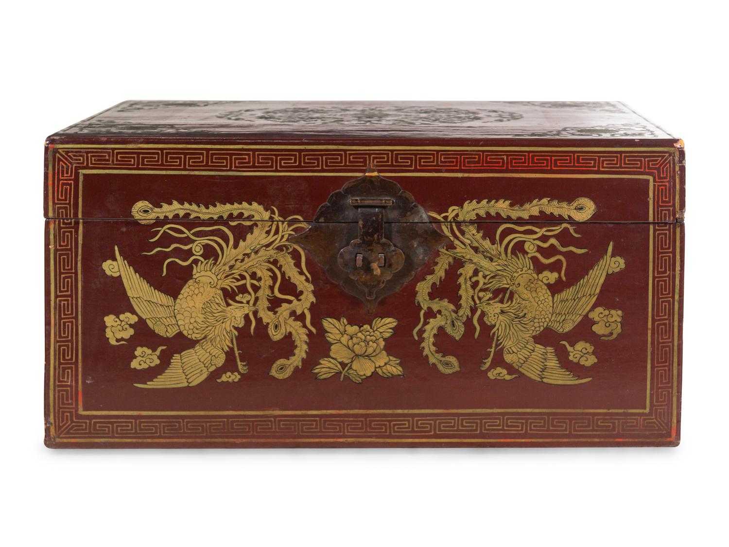 A Chinese Gilt Decorated Red Lacquer Trunk