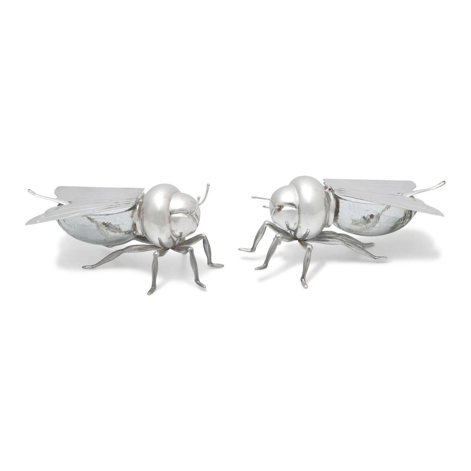 A Pair of Peruvian Silver and Glass Bee-Form Honey Dishes and Spoons