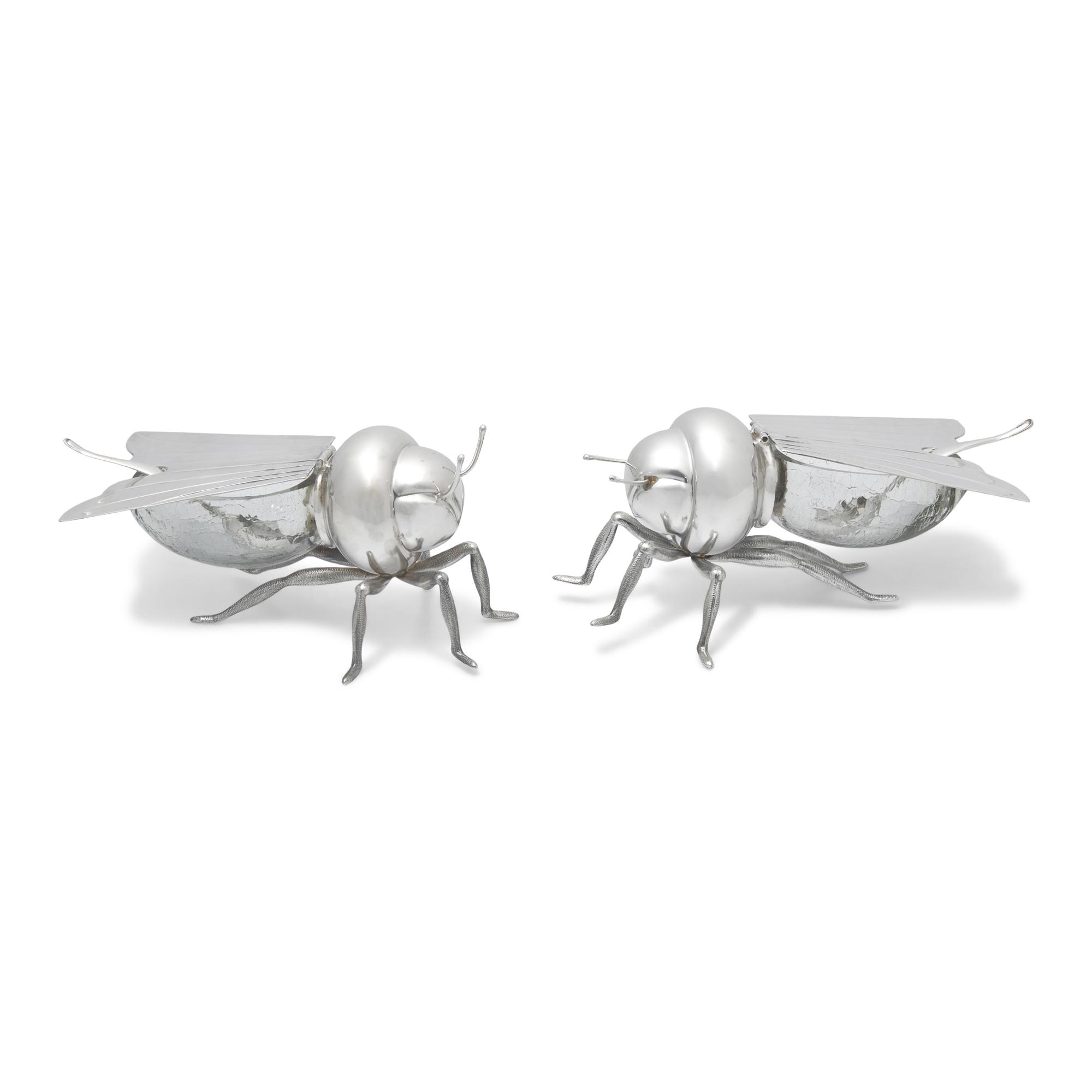 A Pair of Peruvian Silver and Glass Bee-Form Honey Dishes and Spoons