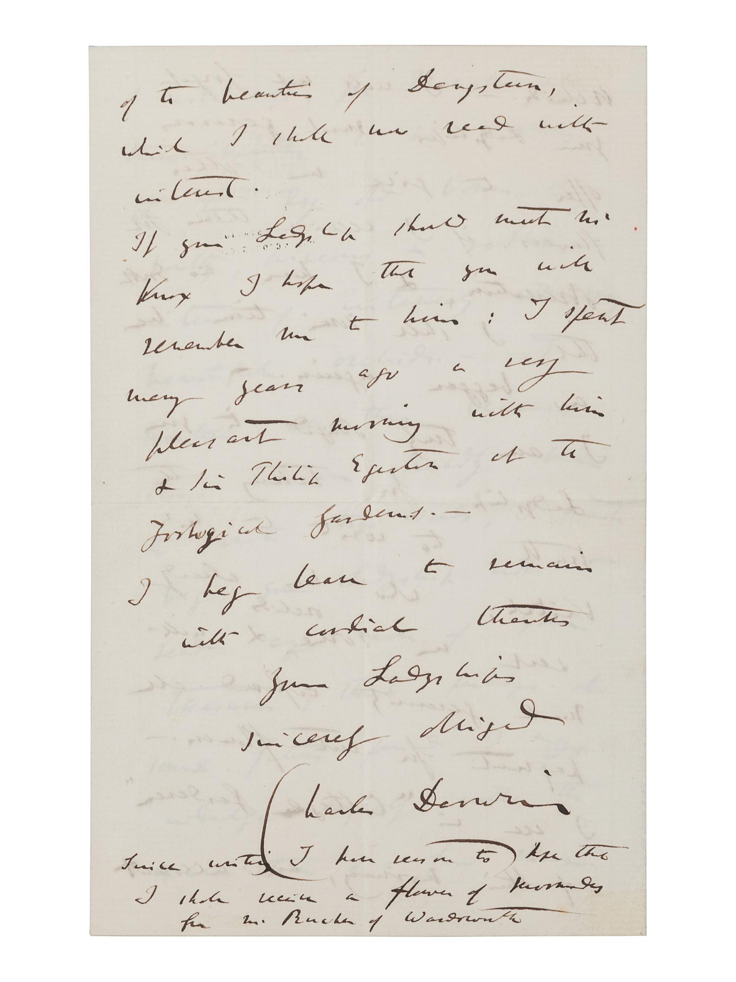DARWIN, Charles (1809-1882). Autograph letter signed (“Charles Darwin”) to Lady Dorothy Fanny Nevill (“Madam”), Down, Bromley, Kent, 27 November [1861]. 4 pages, 8vo (203 x 127 mm), on a bifolium. Creased.