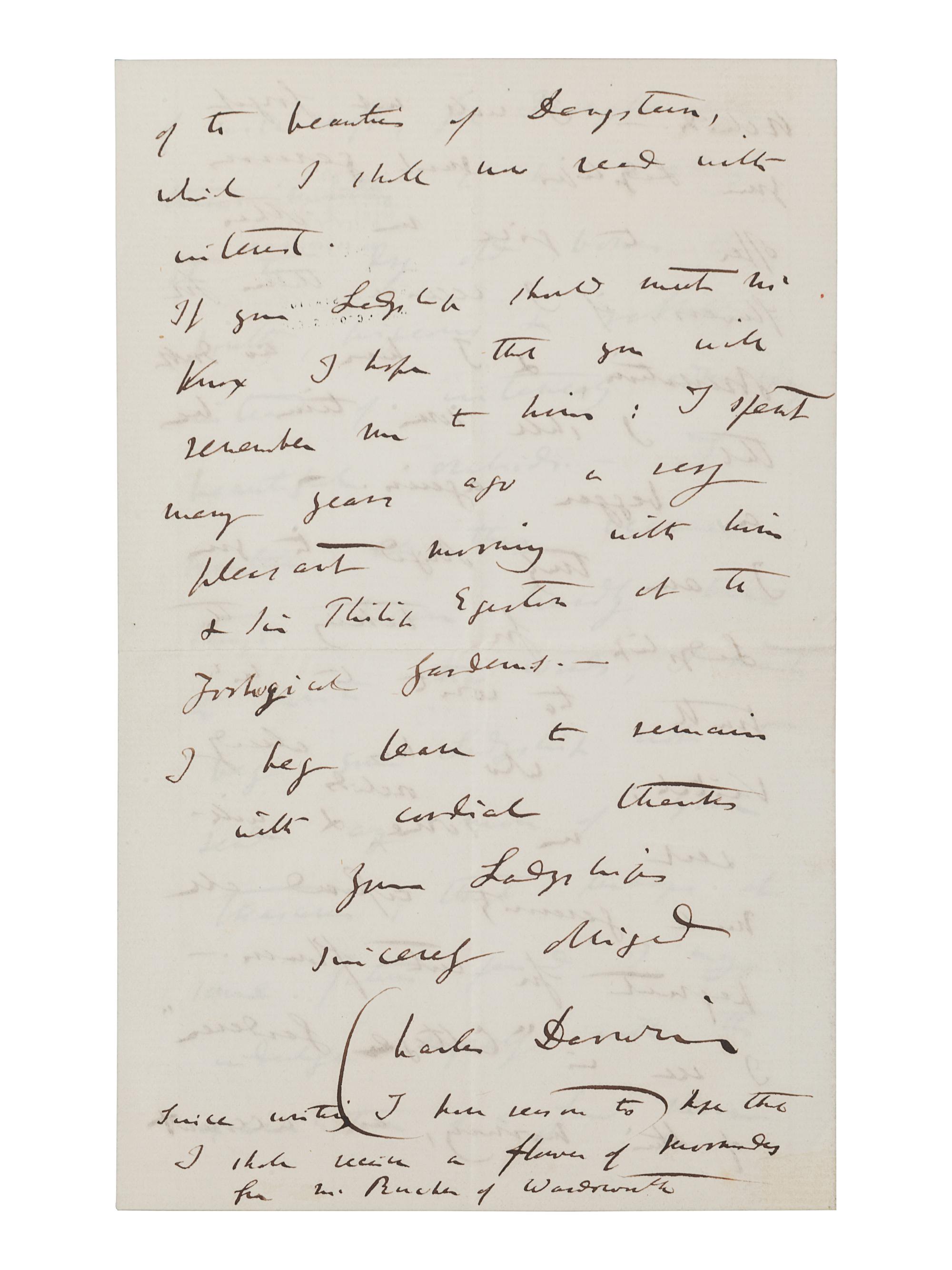 DARWIN, Charles (1809-1882). Autograph letter signed (“Charles Darwin”) to Lady Dorothy Fanny Nevill (“Madam”), Down, Bromley, Kent, 27 November [1861]. 4 pages, 8vo (203 x 127 mm), on a bifolium. Creased.