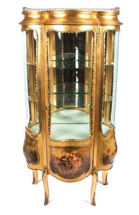 A Gilt Metal Mounted Vernis Martin Vitrine Cabinet Height 57 1/2 x width 30 x depth 17 inches.