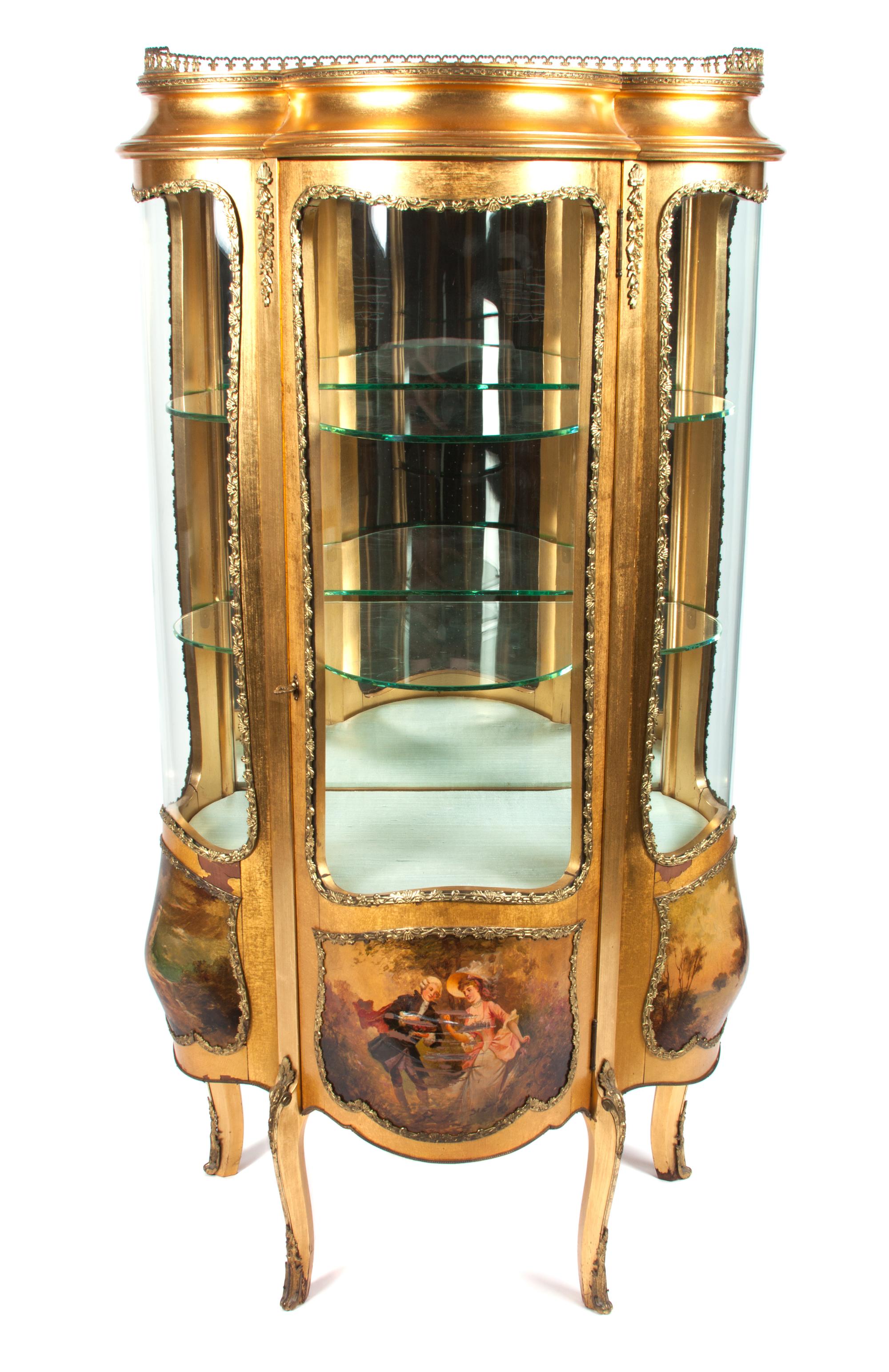A Gilt Metal Mounted Vernis Martin Vitrine Cabinet Height 57 1/2 x width 30 x depth 17 inches.