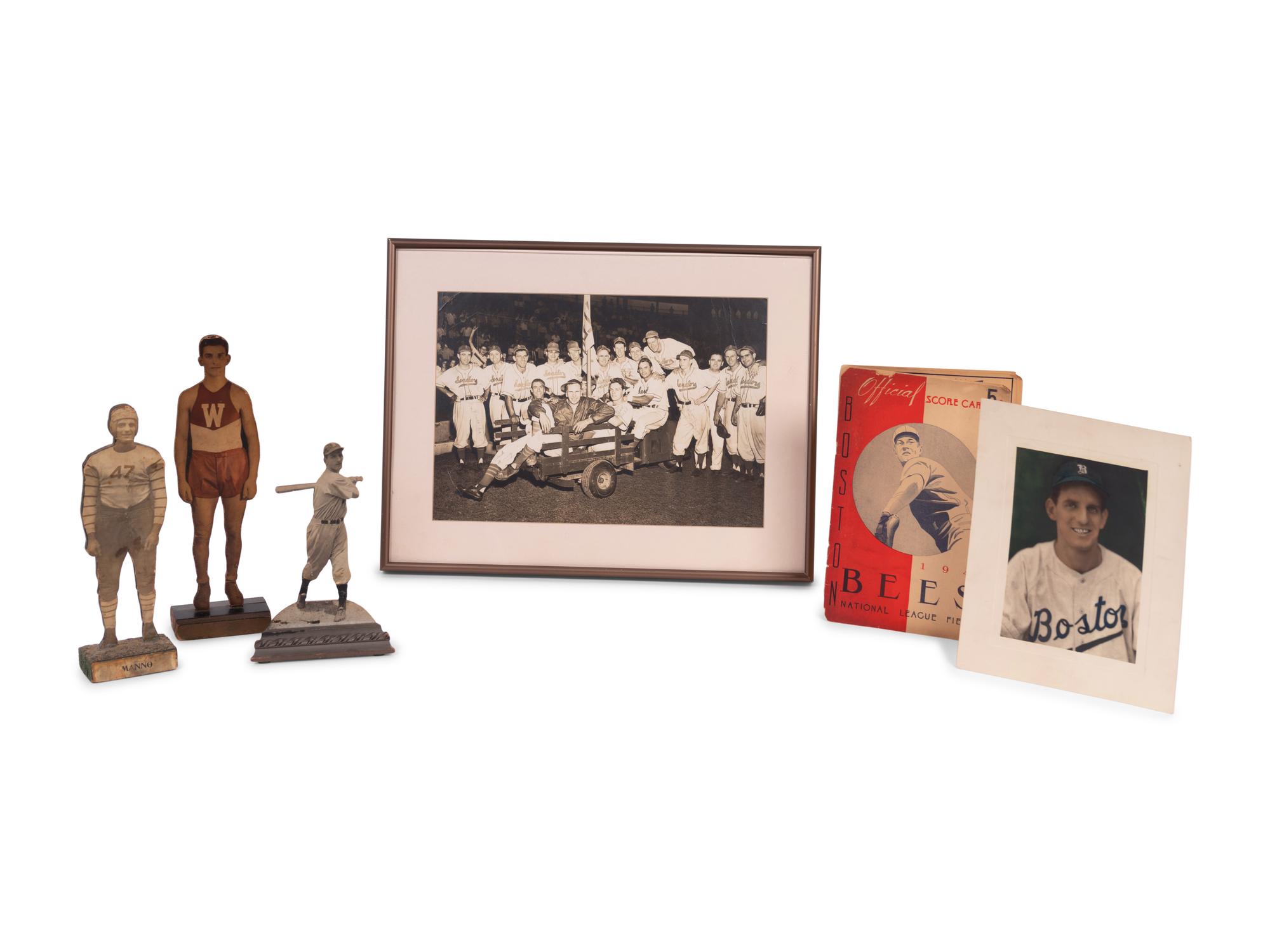 A Group of Don Manno Personal Boston Bees / Boston Braves Baseball Items Including Original George Burke Photograph and Wood Cut Stand Up,