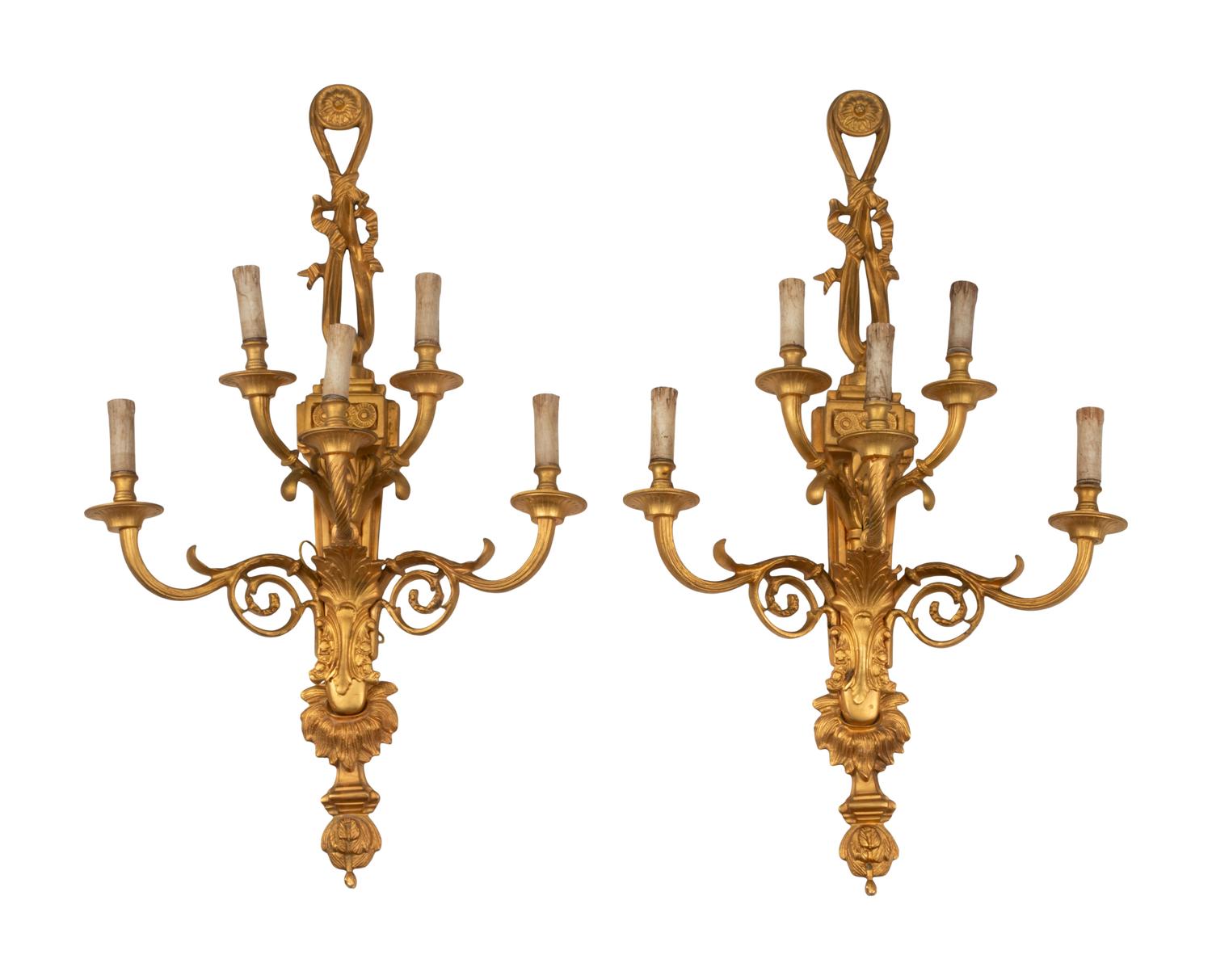 A Pair of Louis XV Style Gilt Bronze Five-Light Sconces