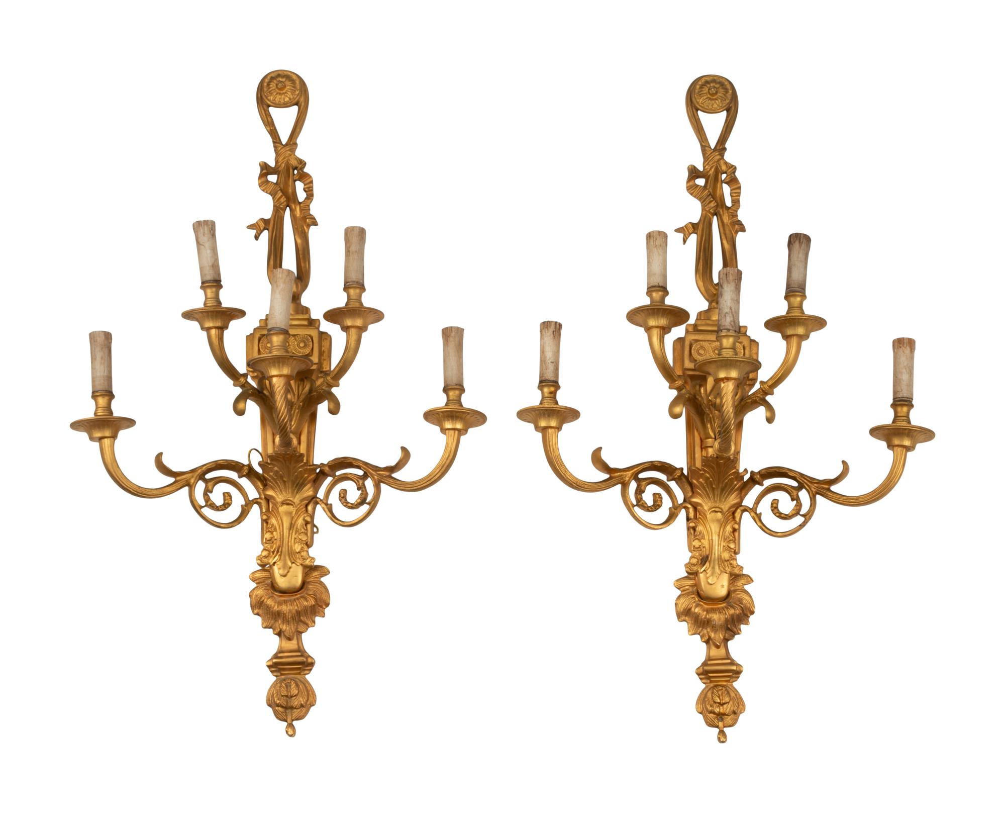 A Pair of Louis XV Style Gilt Bronze Five-Light Sconces
