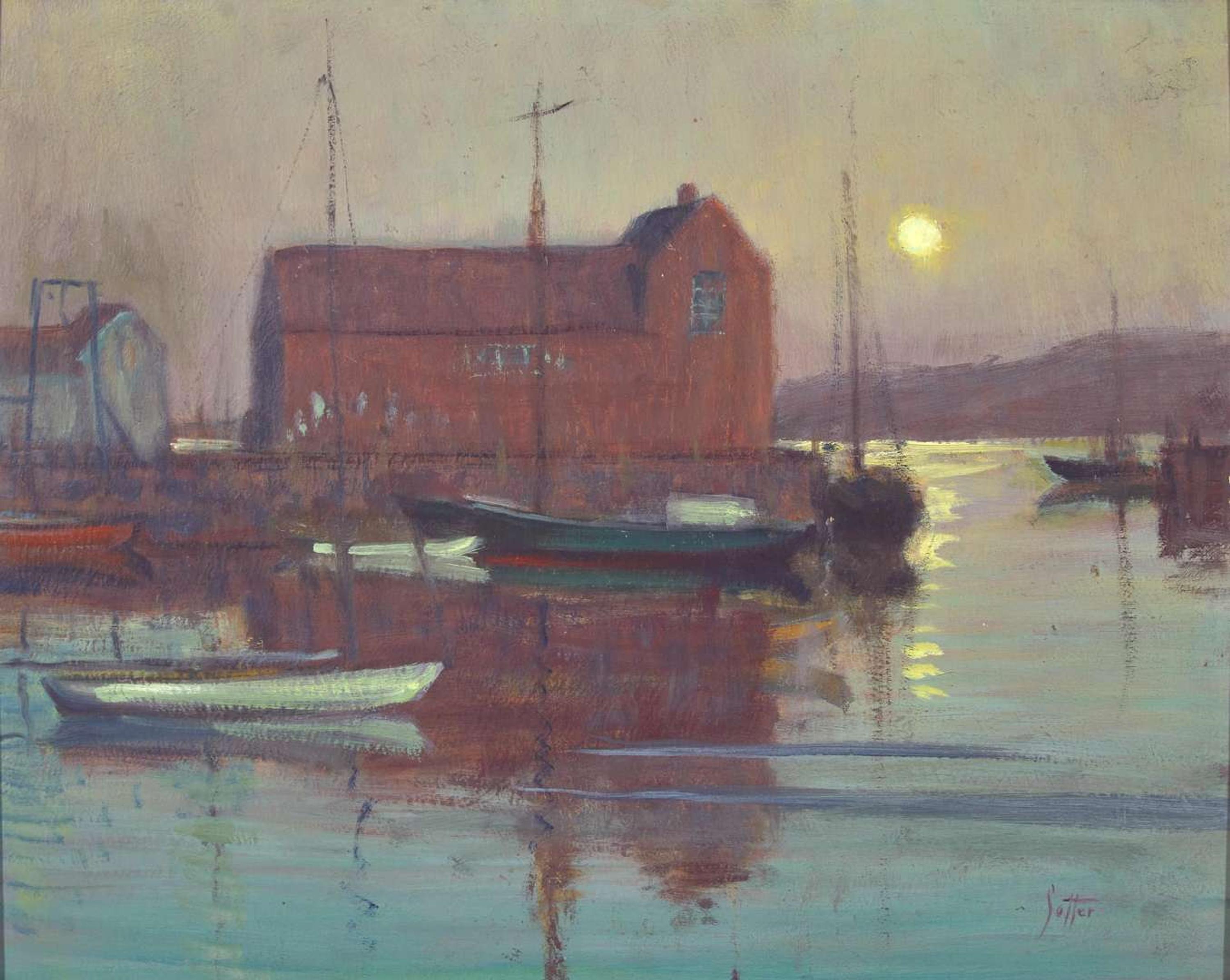 George William Sotter (American, 1879-1953)- Rockport Harbor at Night