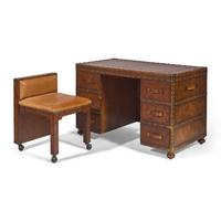 A Leather and Brass Studded Campaign-Chest Form Desk and Chair Set