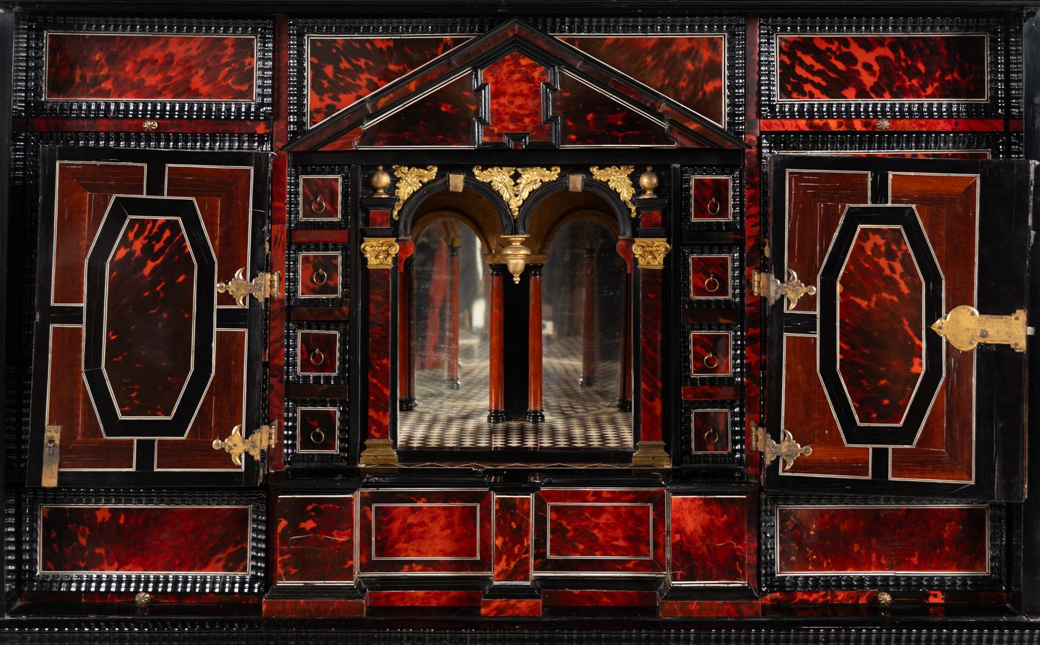 A Flemish Red Tortoise Shell, Kingwood and Ebony Cabinet on Stand