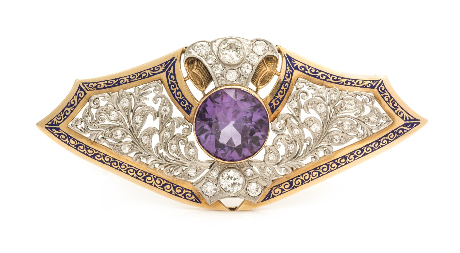 An Edwardian Platinum, Rose Gold, Synthetic Sapphire, Diamond and Enamel Brooch, 19.10 dwts.