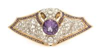 An Edwardian Platinum, Rose Gold, Synthetic Sapphire, Diamond and Enamel Brooch, 19.10 dwts.