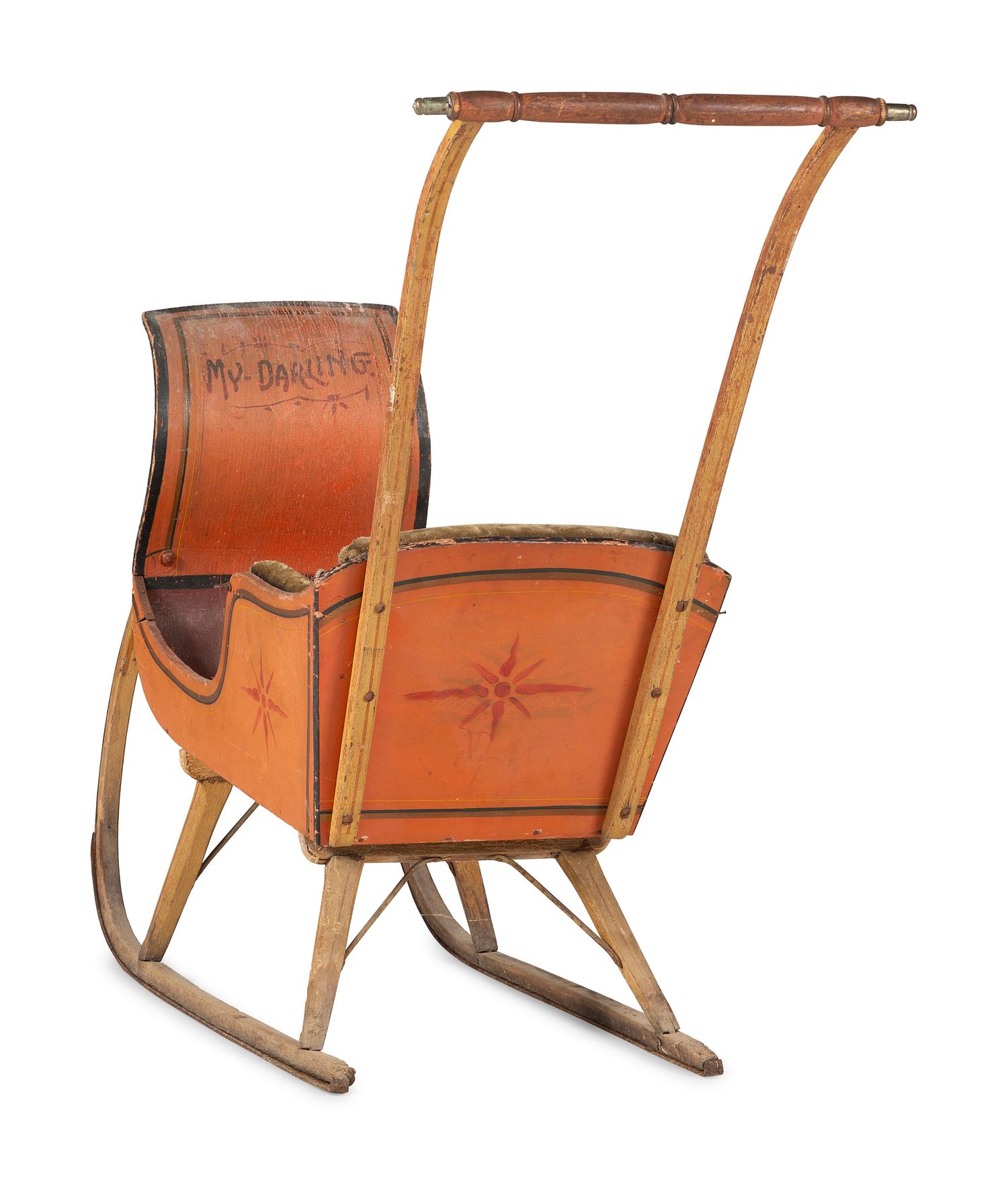 A Paint Decorated and Velvet Upholstered Wood Child's Sleigh